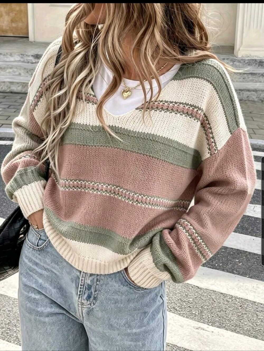 BRAND NEW ** Striped V-Neck Knit Sweater - Blush Pink & Sage
